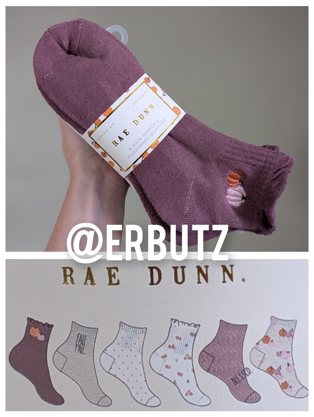 Rae Dunn 6pk Cozy Fall Cushioned Quarter Socks, Pumpkin & Heathered Pattern🎃